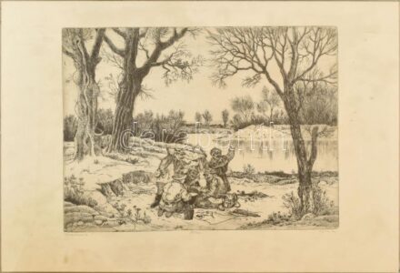 Gácsi Mihály (1926-1987): Vadvacsora. Rézkarc, papír, jelzett, számozott (88/100), üveg mögött, 29×39 cm