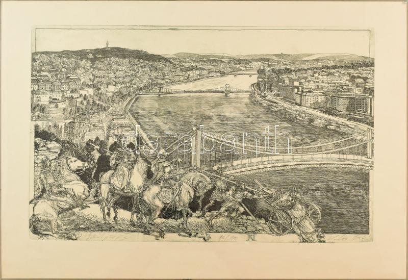 Kádas István (1941-): Gellért püspök. Rézkarc, papír, jelzett, számozott (72/100), üveg mögött, 30×48 cm