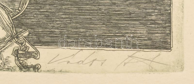 Kádas István (1941-): Gellért püspök. Rézkarc, papír, jelzett, számozott (72/100), üveg mögött, 30×48 cm - Image 2