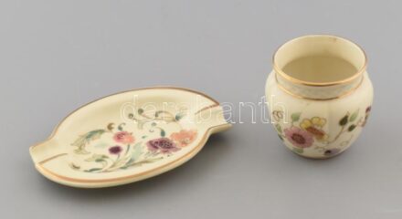 2 db Zsolnay virág mintás porcelán tálka és kis kaspó 6 cm, 12 cm