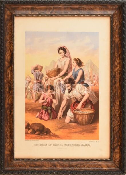 cca. 1860. J.M. Kronheim & Co. által kiadott litográfia, 'Izrael gyermekei mannát gyűjtenek', Üvegezett fakeretben. Keret belső mérete: 43x31cm