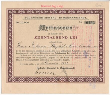 Románia 1922. 'Nagyszebeni Földhitelintézet' részbizonylat 10.000L-ről, bélyegzésekkel T:I- kis szakadás Romania 1922. 'Land Credit Institution of Hermannstadt' share certificate about 10.000 Lei, with overprints C:AU small tears
