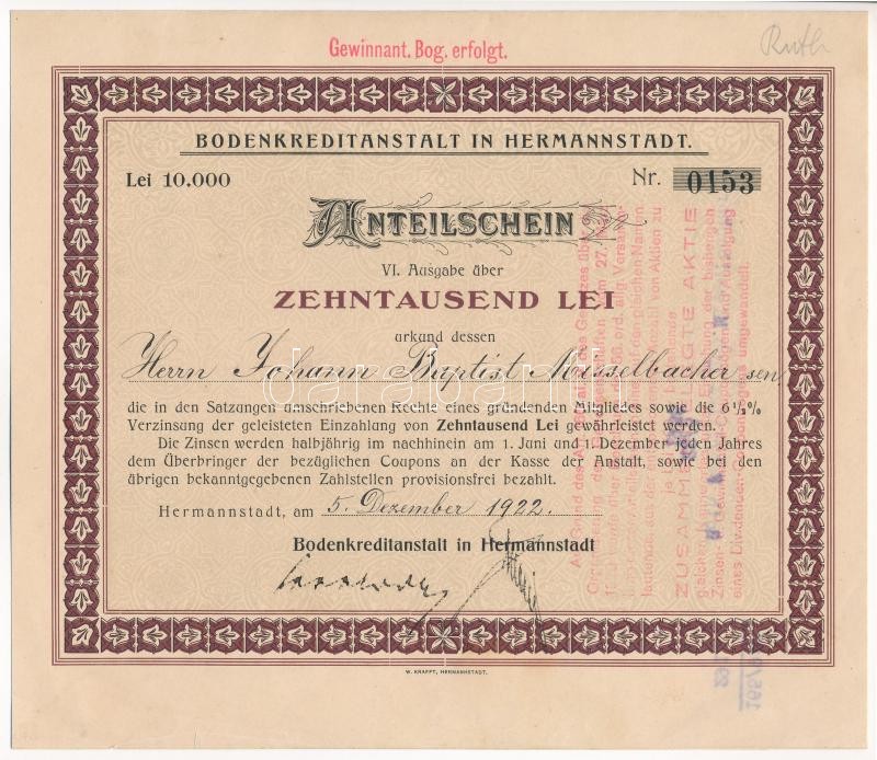 Románia 1922. 'Nagyszebeni Földhitelintézet' részbizonylat 10.000L-ről, bélyegzésekkel T:I- kis szakadás Romania 1922. 'Land Credit Institution of Hermannstadt' share certificate about 10.000 Lei, with overprints C:AU small tears