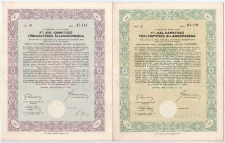 Budapest 1942. 'A Magyar Királyság 3%-kal Kamatozó Törlesztéses Államadóssága' kötvénye 25P-ről, 50P-ről és 100P-ről, szárazpecséttel és szelvényekkel T:II
