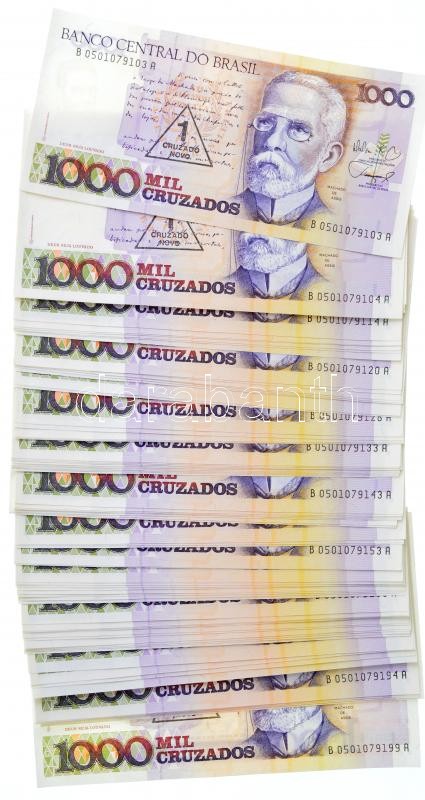 Brazília 1989. 1000C (100x) '1 Cruzado Novo' felülbélyegzéssel, két részletben sorszámkövetők T:I,I- Brazil 1989. 1000 Cruzados (100x) with '1 Cruzado Novo' overprint, consecutive serial numbers in two parts C:UNC,AU Krause P#216.