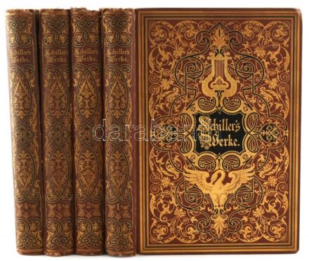 Schillers Werke 1-4. Bände. Hrsg. J. G. Fischer. Illustrirt von ersten deutschen Künstlern. Stuttgart und Leipzig,én.,Deutsche Verlags-Anstalt. Fünfte Auflage. Német nyelven. Gazdag képanyaggal illusztrált. Kiadói aranyozott, festett