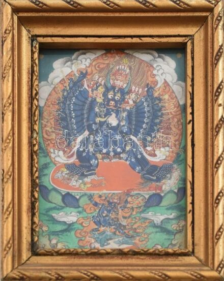 Tibeti Yamantaka 32 karú istenség miniatűr, üvegezett keretben, 7,5×5,5 cm