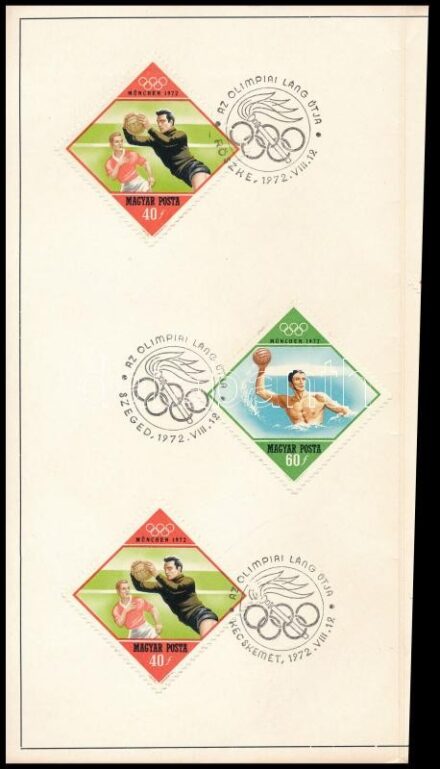 1972 Emléklap az olimpiai láng magyarországi útjáról, Magyar Bélyeggyűjtők Országos Szövetsége (Bp., Révai-ny.), rajta Müncheni olimpia sor alkalmi bélyegzésekkel