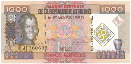 Guinea 2010. 1000Fr 'JT 760639' 'A Központi Bank és a guineai valuta 50. évfordulója' T:I- Guinea 2010. 1000 Francs 'JT 760639' '50th Anniversary of Central Bank and Guinean Currency' C:AU Krause P#43a