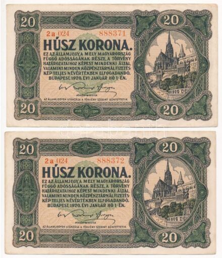 1920. 20K (2x) sorszámkövetők '2a 024 888371 - 2a 024 888372' T:II hajtatlan Adamo K15