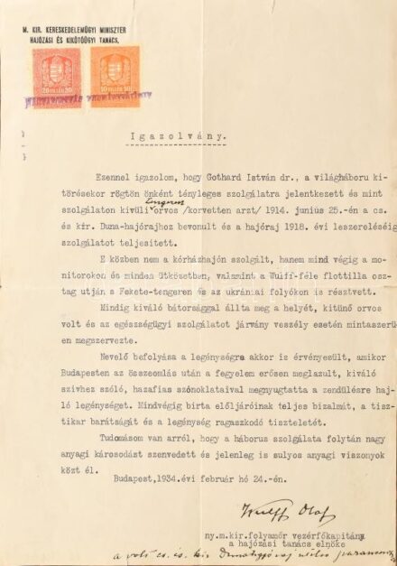 1934 A Dunai Flottilla volt katonája részére szóló igazolás Wulff Olaf, a flottilla utolsó parancsnokának aláírásával