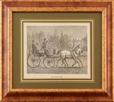 Dekoratív üvegezett fakeret, benne Rudolf trónörökös Prágában, fametszet, kopott, 28x34cm