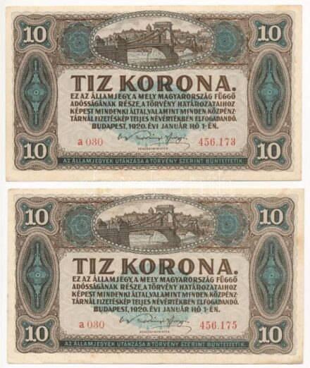 1920. 10K (2x) egy ugrásos sorszámkövetők 'a 030 456.173 - a 030 456.175' T:I-,II Adamo K14