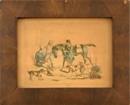 Henry Thomas Alken (1785-1851): Emberek és állatok. Színezett metszet, papír, jelzett a metszeten. 18x23 cm. Üvegezett, kissé sérült fakeretben.