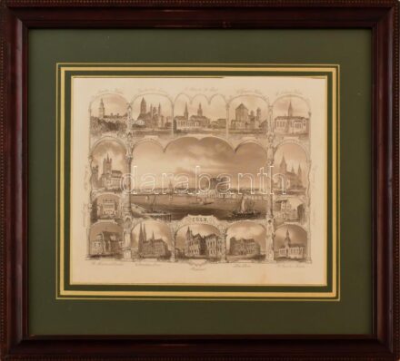 cca 1860 Cöln / Köln acélmetszet, üvegezett fakeretben, 20x25cm