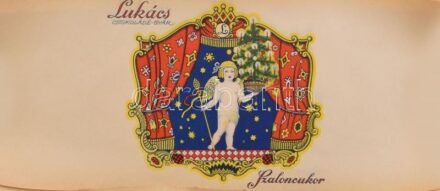 cca 1930 Lukács Csokoládégyár szaloncukor doboz címke, 3 db, alul kisebb folttal, 46,5x19 cm