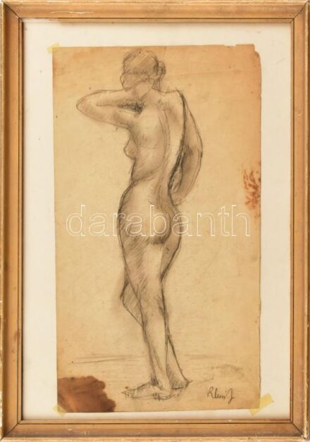 Klein J jelzéssel (Klein József?): Álló női akt. Szén, papír, foltos, kissé sérült. Dekoratív, üvegezett, sérült fakeretben. 34,5×20,5 cm