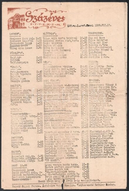 1959 Százéves étterem étlap