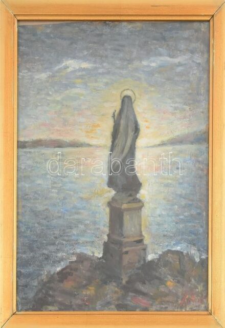 Olvashatatlan jelzéssel: Mária szobor a tóparton. Olaj, papír, üvegezett kopott fakeretben, 36x27cm