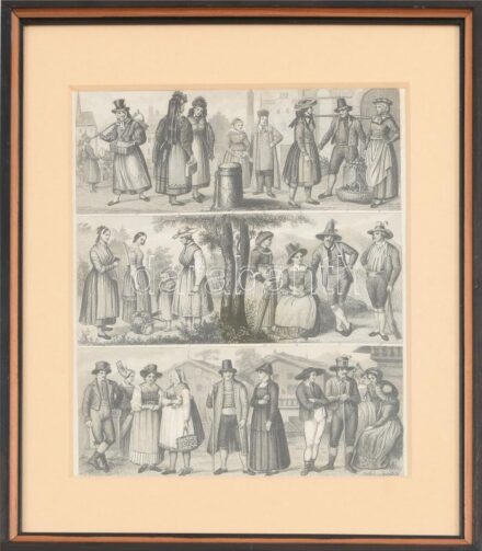 cca. 1860 népviseletek, acélmetszet, üvegezett kopott, fakeretben, 25,5x20,5cm