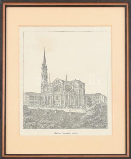 cca. 1880 A Budapesti-Ferencvárosi templom (Bakáts téri) fametszet, üvegezett kopott fakeretben. 22x19cm