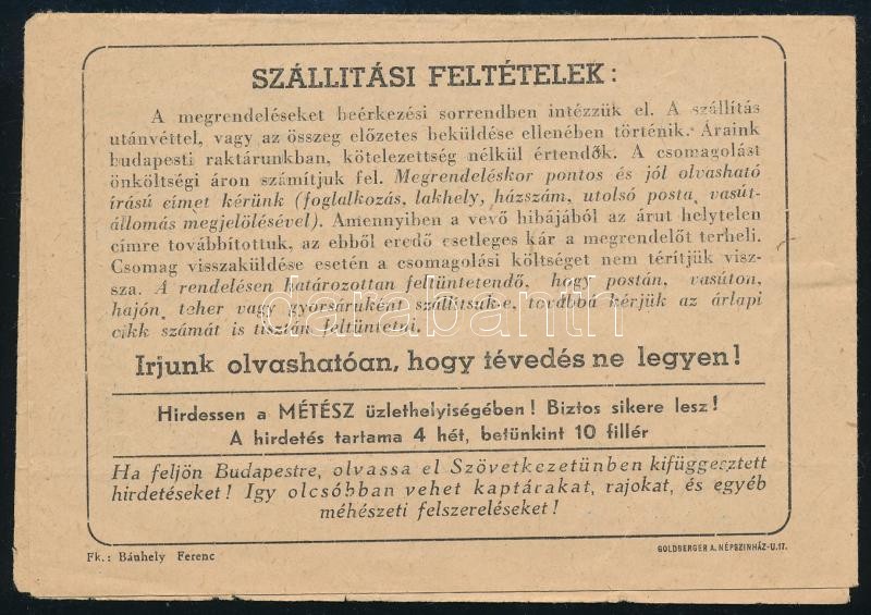 cca 1940 Méhész szövetkezet árlap. Gyűrődésekkel.