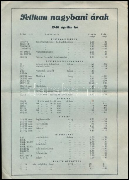 1940 Pelikan írószerek árlista 4p.