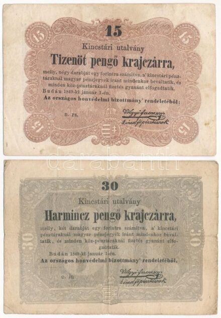 1849. 15kr + 30kr 'Kossuth bankó' T:III Adamo G102, G103