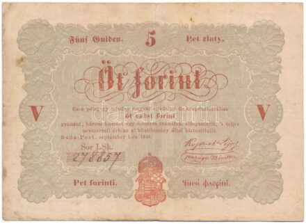 1848. 5Ft 'Kossuth bankó' vörösesbarna 'LSk 278857' T:III fo. Adamo G109