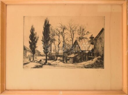 Élesdy István (1912-1987): Házak-fák. Rézkarc, papír. Jelzett. Üvegezett, kissé sérült fakeretben. 25x38,5 cm