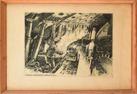 Jurida Károly jelzéssel: Komplex gépesítésű frontfejtés. Rézkarc, papír. Üvegezett, kissé sérült fakeretben. 29x39 cm