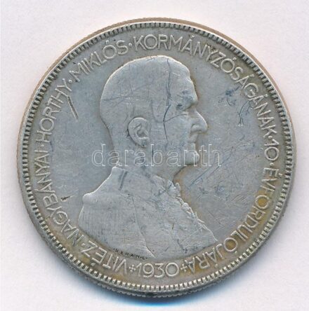 1930. 5P Ag 'Horthy jobbra' T:3 patina Adamo P8