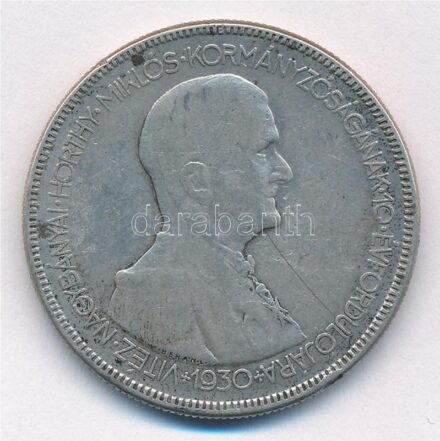 1930. 5P Ag 'Horthy jobbra' T:3 patina, ph. Adamo P8