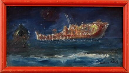 Szakács Zoltán (?-): Vízparti táj. Olaj, farost. Jelzett. Fa keretben. 15x30 cm