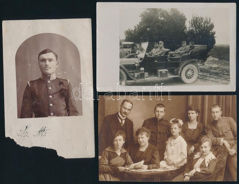 cca 1914-1918 6 db I. világháborús katonafotó, közte egy keményhátú kabinetfotó, egy kézzel színezett, egy sérült, 10,5x7,5 cm és 16x10,5 cm között