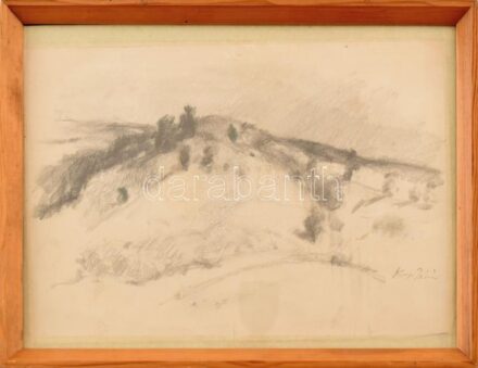 Szőnyi István jelzéssel: Dombos táj. Ceruza, papír, üvegezett fakeretben. 18,5x28 cm