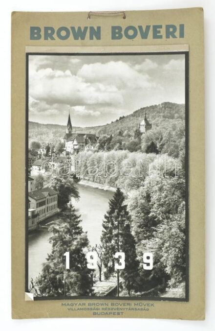 1939 Magyar Brow Broveri művek Villamossági Rt. Budapest 1939 évi falinaptára, Baden látképeivel, szép állapotban, 43x27cm