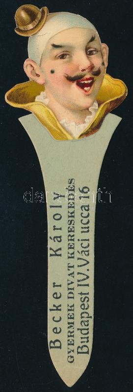 Becker Károly gyermekdivat kereskedés Budapest IV. Váci utca litho dombornyomású könyvjelző, kis sérüléssel
