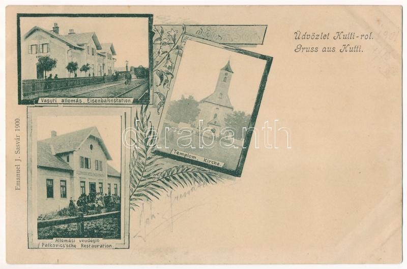 1901 Jókút, Kutti, Kúty; vasútállomás, templom, Állomási vendéglő. Emanuel J. 1900 / railway station, church, railway restaurant. Art Nouveau, floral