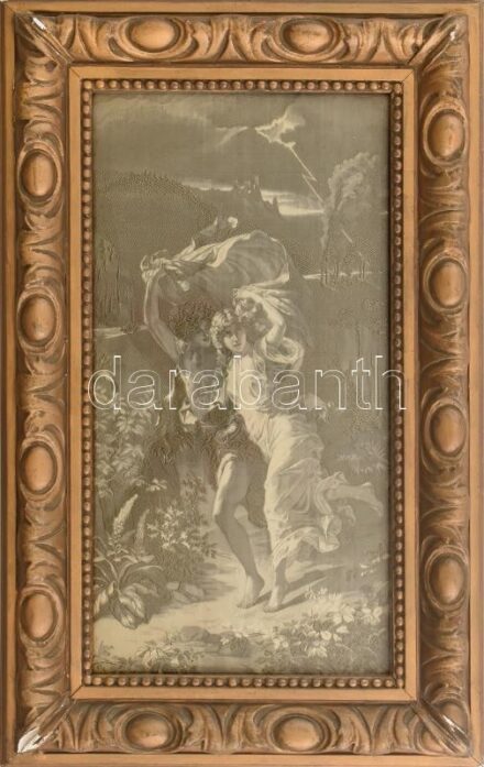 Dekoratív üvegezett fakeret, kopott, benne rokokó selyem kép, 31x16cm