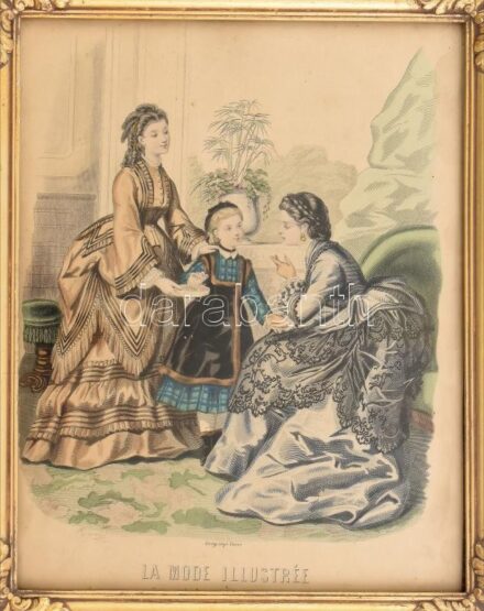 Dekoratív asztali kitámasztós képkeret, kopott, benne régi divat litográfia, 29x23cm