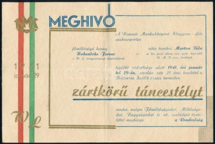 1941 A Nemzeti Munkaközpont Waggons-Lits szakcsoportjának meghívója zártkörű táncestélyre, hajtott