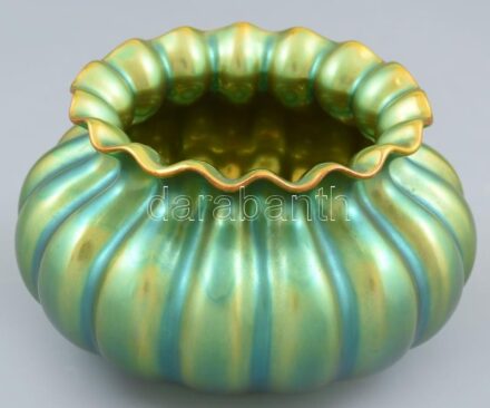 Zsolnay zöld eozin mázas kaspó, jelzett, hibátlan, m:10 cm, d:16 cm