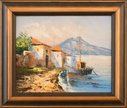 K Billy jelzéssel: Hajó a tengerparton. Olaj, karton. Dekoratív fakeretben. 21x25 cm