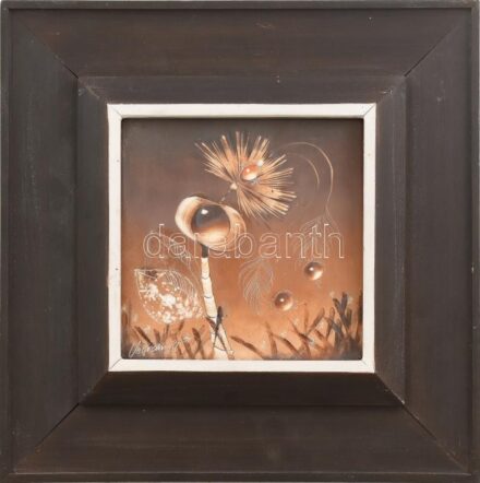 Végvári Tamás (1962-): Virágok, 1985. Olaj, csempe, jelzett, üvegezett fakeretben, 15×15 cm