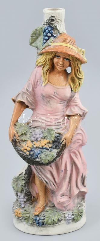 Olasz 1977 díszkulacs, figurális, kézzel festett porcelán, kopott, jelzett, m: 30 cm