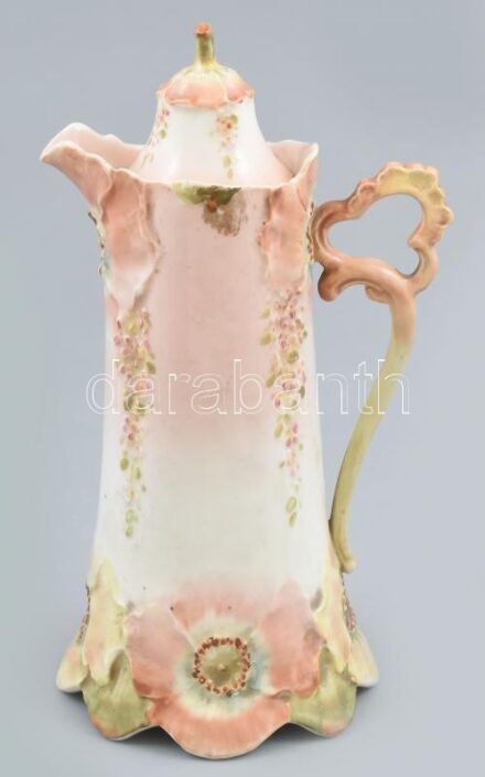 Szecessziós kiöntő, porcelán, jelzés nélkül, kopott, apró hibával, m: 23 cm