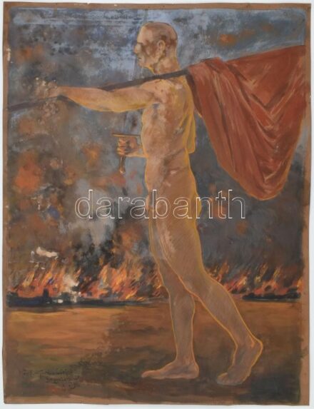 Kézdi-Kovács Lóránt (1897-1916), kétoldalas mű: A háború allegóriája és ifjú a tengerparton, 1914. Tempera, karton, jelzés nélkül. Balra lent Kézdi-Kovács László autográf feliratával. Proveniencia: Kézdi-Kovács László