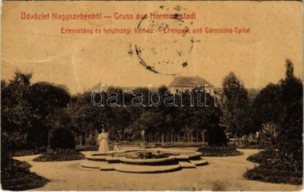 1908 Nagyszeben, Hermannstadt, Sibiu; Erlenpark und Garnisons-Spital / Erlen-sétány és helyőrségi kórház. Budovszky L. kiadása. W.L. (?) No. 63. / Austro-Hungarian K.u.K. military garrison hospital with park (szakadás / tear)