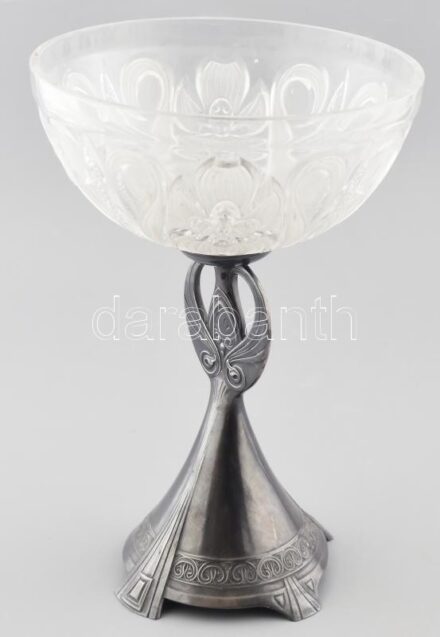 WMF jelzett, Art Deco gyümölcskínáló, ón alj, üveg tál, kopott m: 30cm
